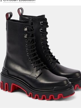 Christian Louboutin Black Leather Combat Boots with Red Lug Sole